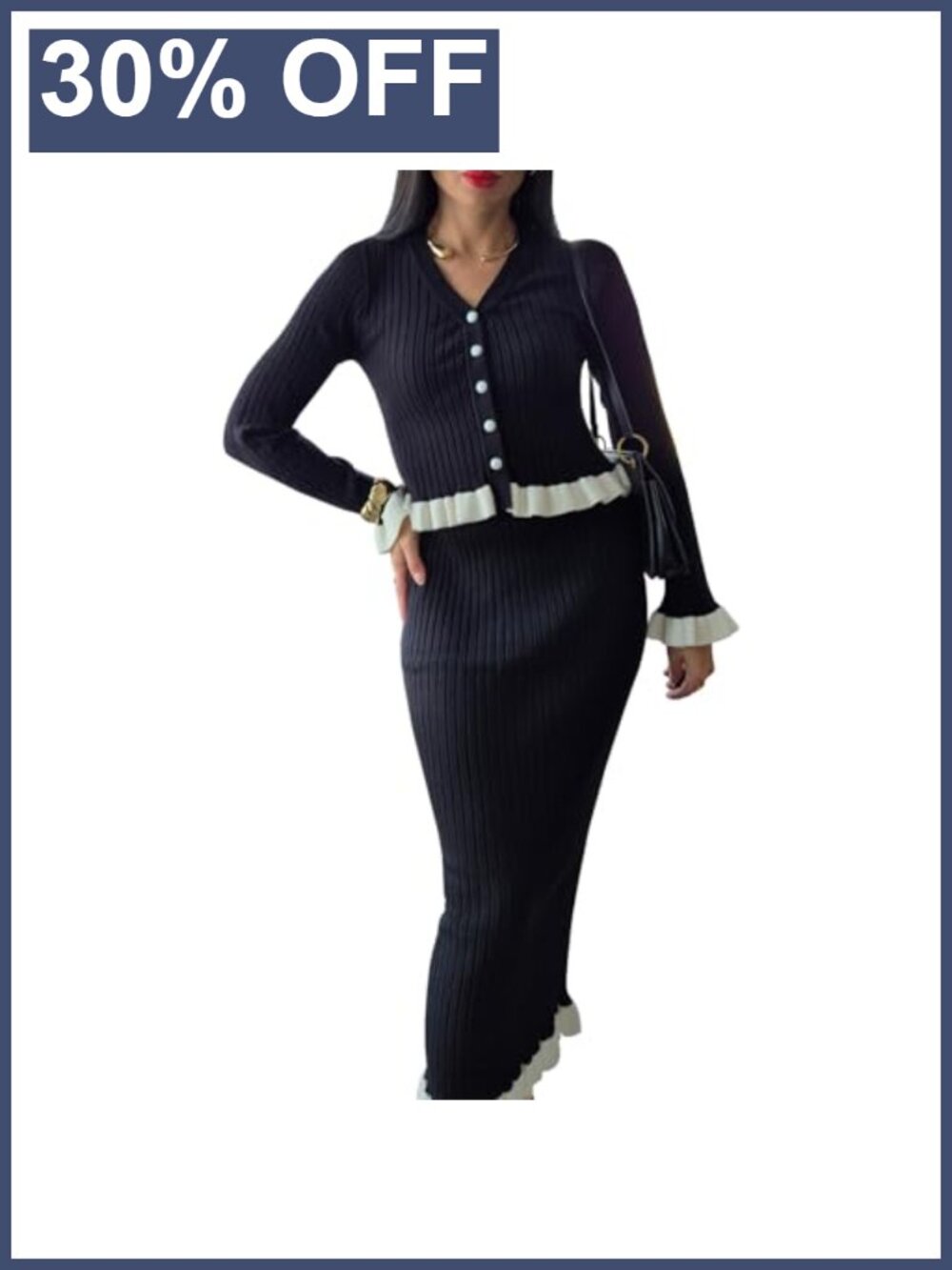 Viscose Knit 2-Piece Cardigan & Long Skirt Set Ruffle Detail